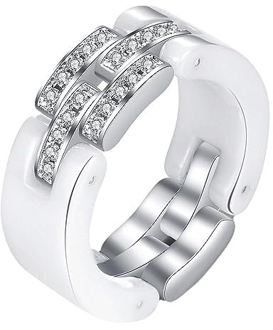LODMLOER Mm Schwarz-Weiße Keramikringe – Hip-Hop-Kettennähte, Punk-Ringe, Modische, Elegante Diamantringe Für Männer Und Frauen, Paarringe, Weiß, 7