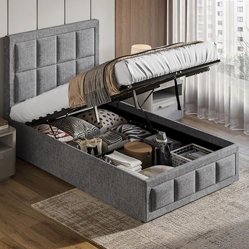 Blisswood Ottoman Bed, Upholstered 3ft Single Small Bed with Storage, Gas Lift End Opening Wooden Slats, Sturdy & Noise Free Velvet Beds, No Box Spring Needed, Size-204L x 100W CM, Light Grey, Single