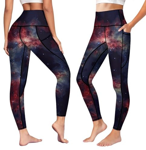 Muishi Pretty Galaxy Sky High Waist Yoga Pants with Pockets Tummy Control Workout Running 4 Way Stretch Yoga Leggings for Girls Women M