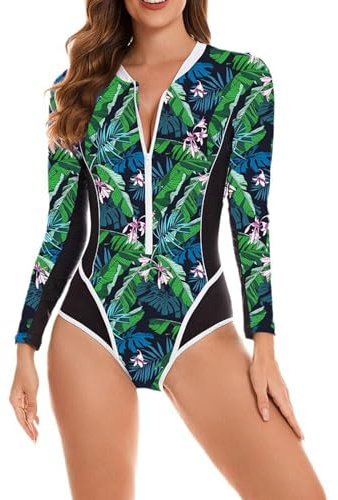 KBOPLEMQ Traje de neopreno para mujer, traje de surf, traje de baño con pernera, cremallera, monokini, Rashguard UPF 50+, moda de baño, para surfear, traje de baño de manga larga, Rash Guard, traje de