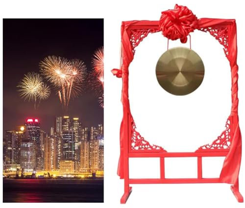 GRRICEPL Chinesisches Traditionelles Schlaginstrument, Kupfer-Gong, Mit Bodenstehendem Gongständer Aus Holz, Schlägel Und Rotem Hängeband, für Hochzeitseröffnungsfeier (Farbe : Gold, Größe : 32cm)