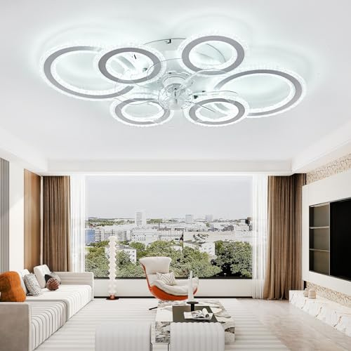 Crystal Ceiling Fans with Lights Round Reversible Living Room Fan Light Ceiling with Remote Control and APP 6 Speed Timer Light Fan Ceiling Dimmable Memory Ceiling Light Fan for Bedroom-White