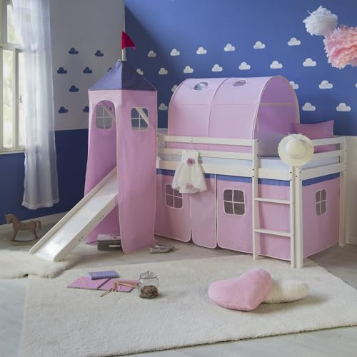 Homestyle4u 2561, Kinderbett Weiß 90x200 cm Holz Hochbett rosa Vorhang Leiter Rutsche Turm Tunnel Lattenrost Matratze