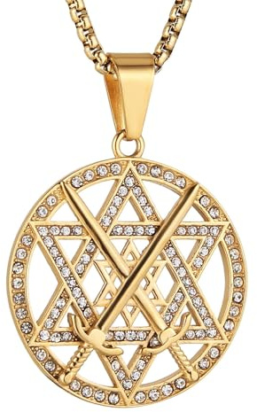 HZMAN 18K Gold Plated Seal of Solomon Hexagram Necklace for Men Stainless Steel Crossed Swords Star of David Talisman Pendant Jewelry Gift