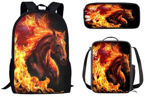 Biyejit Sac à dos 3 en 1 pour enfants, adolescents, filles, garçons, cartable à bandoulière, sac à livres, boîte à déjeuner, trousse à crayons, Pompier., Taille unique