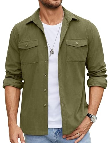 COOFANDY Men's Button Down Waffle Shirt Jacket Casual Long Sleeve Shacket Lightweight Overshirts with Flap Pockets, Olive Green, XXX-Large