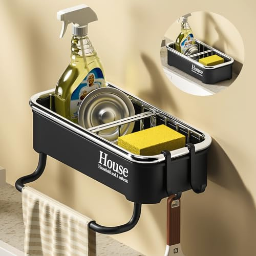 MENGCOOL Spülbecken Organizer, Küchen Schwammhalter, Küchen Spüle Organizer mit Spültuchhalter und Zwei Haken, Edelstahl Waschbecken Badezimmer Organizer für Küche und Bad - Schwarz