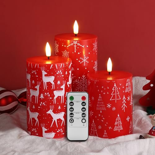 Eywamage Weihnachts LED Stumpenkerzen mit Fernbedienung, Rot Schneeflocken Rentier Flammenlose Wachs Kerzen 3er-Pack