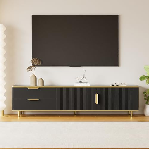 ZUUYEE TV-Schrank, Lowboard mit geschnitzter Textur, TV Board mit Goldene Verzierungen, Wohnzimmer Möbel, Schwarz