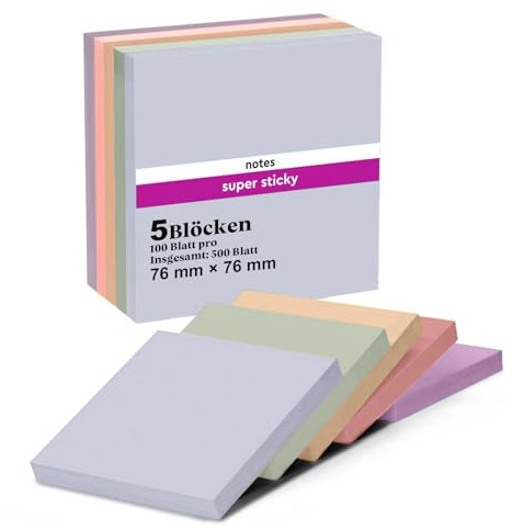 500 Blatt Haftnotizen, 76 X 76 mm Bunt Sticky Notes Set, 5 Farbens Wiederaufklebbar Selbstklebende Klebezettel, Notizzettel Klebend für Büro Zuhause Schule Sitzung