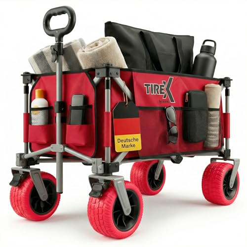 TIREX by xonic® Bollerwagen Faltbar PU XL Rädern aus Vollgummi – Strand & Garten Faltbarer verstellbarem Griff & Fußbremse – Robuster Transportwagen für Kinder & Camping (PU XL Räder, Rot)