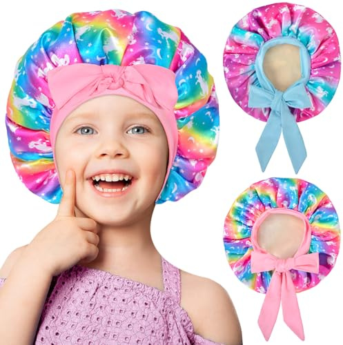 OlyPegic 2 PCS Kinder Hauben für Mädchen, Satin Seide Haube für Kinder Kleinkind Haube für Schlafmütze mit elastischen Krawatte Band Haar Haube