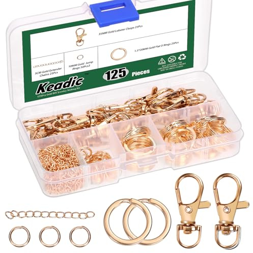 Keadic 125Pcs Keychain Making Kit Contains Swivel Clasps, Key Chain Rings, Open Jump Rings, Chain Extenders and Jewelry Pliers, Jewelry Making Supplies for Necklace Bracelet(Gold)