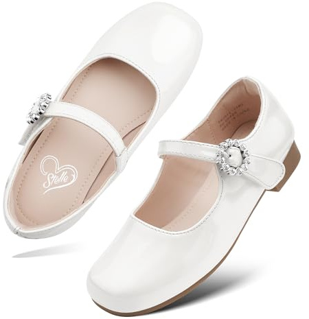 Stelle Girls Dress Shoes Mary Jane Ballet Flats Flower School Shoes for Wedding Party Toddler/Little/Big Kid(Off White-13ML)