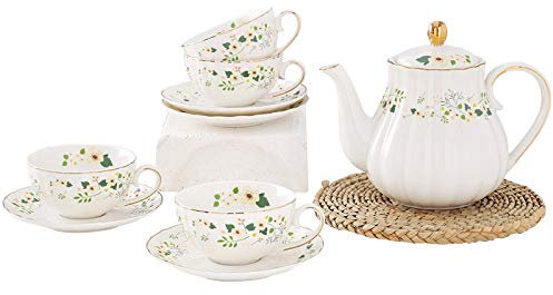 OWOHYG Fine Bone China Tea Set, Cups & Saucer & Spoons Service for 6, Afternoon Tea Porcelain Sets with Sugar Bowl & Cream Pitcher