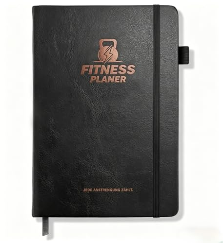 BIROYAL Trainingstagebuch Deutsch A5, mit 186 Trainingsseiten, Leder Cover | Trainingsbuch Krafttraining, mit Körpermessung, Meilensteine & Zielsetzung, 120g Papier, mit Stifthalter & Einstecktasche