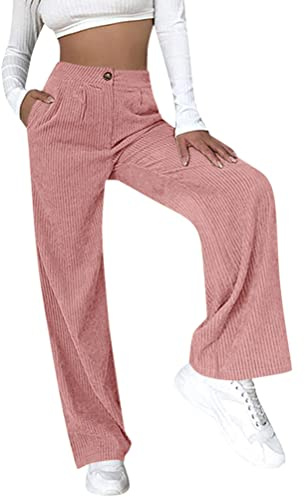 Oanviso Pantalons en Velours Côtelé Femme Élégant Pantalon Boutons Ample Taille Haute Couleur Unie Classique Slim Pantalon Rétro avec Poches A Rose M