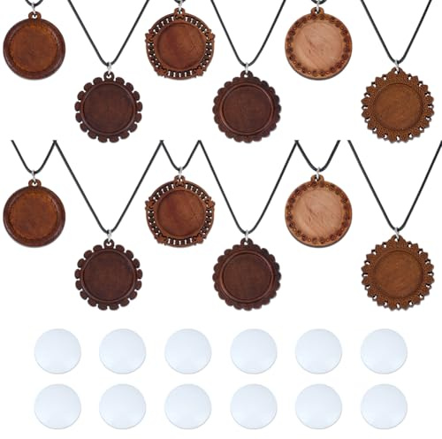 DELORIGIN 12 Set Holz Stickerei Halsketten Set Tablett Basisrohlinge Mit Cabochons Und Seilen 24mm 6Styles DIY Stickerei Cabochon Holz Lünettenrohlinge Für Die Schmuckherstellung