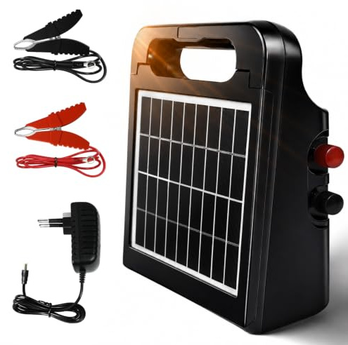 Solar Electric Fence Charger 5 KM, 0.3J Output Energizer with Rechargeable Solar Panel, IP55-rated, All-Day 24/7 Protection for Livestock, Cattle, Horses, Poultry, Predator Deterrent, Farm Use (Black)