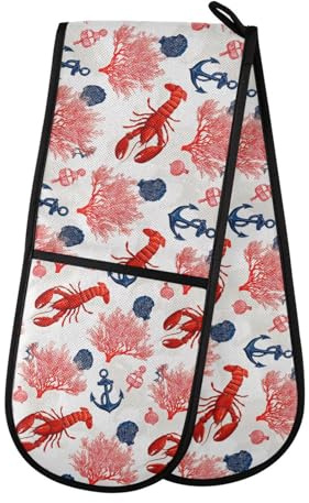 Oven Gloves Double Oven Gloves Red Lobster Anchor Seashell Coral Pattern Oven Mitts Pot Holder Heat Resistant Quilted for BBQ Baking Kitchen Cooking Gloves
