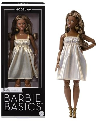 Barbie Basics Model Collector Fashion Doll 09 with Brunette Hair in Golden Dress & Strappy Heels, Universal-fit Fashions & Posable Body