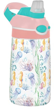 Sevdomey Marine Life Kids Water Bottle with Straw for Girls Boys, Stainless Steel Insulated Leakproof Water 480ml for School Nursery Travel Sports
