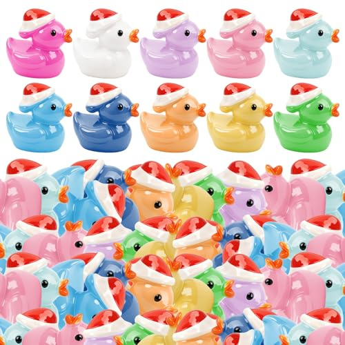 NAUZE 100Pieces Ducks Christmas Resin Animals Colorful Miniature Figures Mini Ducks With Santa Hats Fairy Garden Accessories for Fish Tank Potted Aquarium Decor DIY
