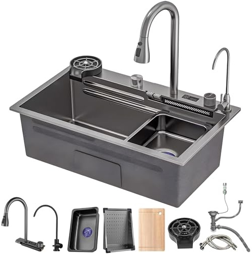 Grande lavello da cucina con rubinetto estraibile per acqua potabile, compatibile con lavastoviglie, vasca singola, in acciaio inox (nero, grigio B, 68 x 45 cm)