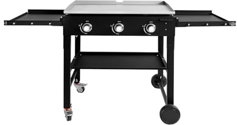 Alpine Cuisine Cast Iron Griddle & 3 Burner Gas Grill Combo, Outdoor Cooking Station with Side Shelves & Wheels | 67 x 24 x 35