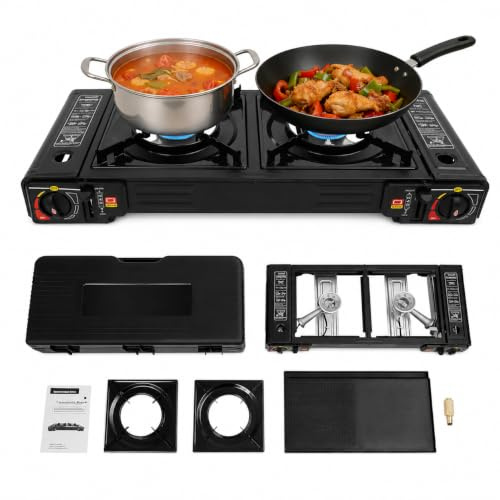 Bärbar bordsgrill gas, campingspis med 2 lampor, utomhus, camping, gaskokare, grillplatta, bordsgrill, resväska, gasgrill, gasspis för inomhus, gasspis (A2 grill)
