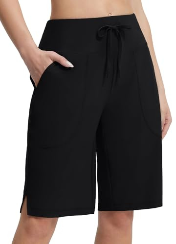 baleaf Badeshorts Damen 28CM, Badehose Bermuda mit Bein Schwimmen UV Hohe Taille Boardshorts Knielang UPF50+ Strand Surfen Sport Schwarz S