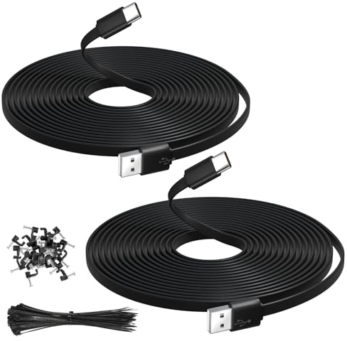 2PCS 3M Flat USB C Cable, Extra Long USB A to USBC Charging Power Extension Cord for Home Security Cameras Phones Tablets Gaming Controller and More USB C Devices, Support Data Transfer-Black