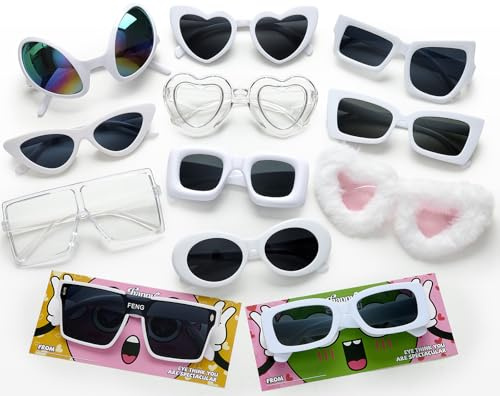 12 Pack Mixed Styles Party Sunglasses Bulk White Fun Square Heart Sunglasses with Card, Cool Alien Disco Glasses Accessories Valentines Day Gift for Kid Adult Wedding Engagement Party Favors Supplies