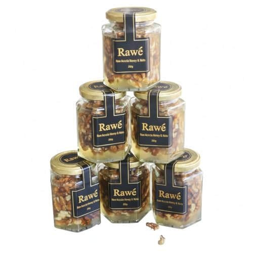 Rawé Raw Acacia Honey with Walnuts, Unpasteurised, Luxury Glass Jar, 200g, 6 Pack