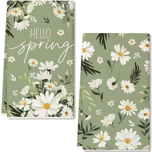GEEORY Wildflower Hello Spring Summer Kitchen Towels Set of 2,18x26 Inches White Dish Cloths -Floral Leaves Farmhouse Design,Holiday Hand Towels for Spring Decor & Gifting