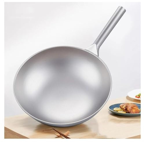 CLMJHG Wok in Titanio Puro, Padella Antiaderente Non Rivestita Pentola in Titanio con Fondo Tondo per Uso Domestico 32-38 cm