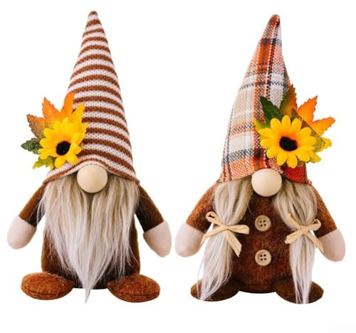 Juego de 2 gnomos otoñales: muñecas de felpa sin rostro con girasol, para arce, para hojas, decoración de mesa de Acción de Gracias, para temporada de cosecha, detalles rústicos para interiores y