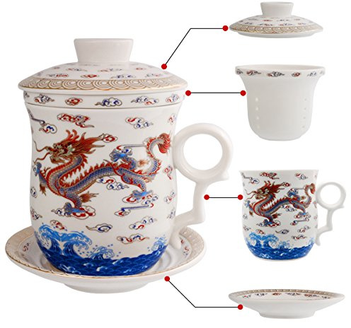 Porzellan-Teetasse mit Deckel ,Untertasse und Innensieb von Hollihi – chinesische Jingdezhen Keramik-Kaffeetasse oder Tee-Aufbrüh-Tasse für lose Teeblätter, für Heim oder Büro
