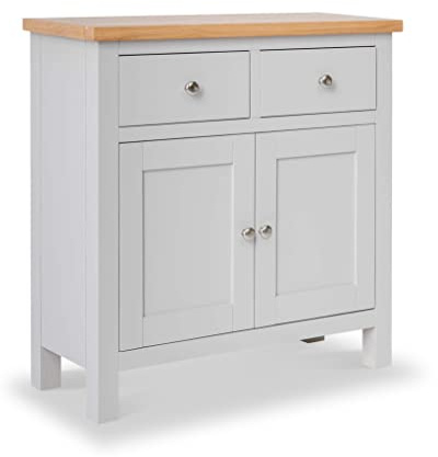 RoselandFurniture Farro Grey Mini Sideboard Cabinet for Living Room | Fully Assembled, Painted Wooden Storage, Oak Top, 2 Door 2 Drawer Unit, Contemporary Coastal Style, H75cm W75cm D32cm