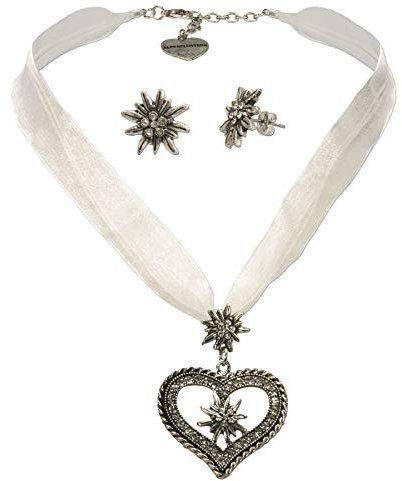 Alpenflüstern Trachtenschmuck-Set Organza-Trachtenkette Strassedelweissherz und Trachten-Ohrstecker Strass-Edelweiss - Damen-Trachten-Schmuck, Trachtenset Kette und Trachten-Ohrringe weiß SET043
