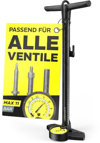 Alphatrail BoostX Fahrrad-Standpumpe mit 3-Zoll-Manometer, 160 PSI / 11 Bar | Doppelventilkopf für Presta, Schrader/Auto & Dunlop | 83 cm Schlauch, Ballnadel & Adapter
