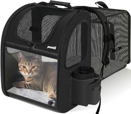 Pecute Kattbärare, hund, bärbar expanderbar ryggsäck som andas med en öppning i synlig akryl, säkerhetsfickor, utdragbar rygg, mer utrymme, utmärkt för att bära hundvalpar eller katter (svart)