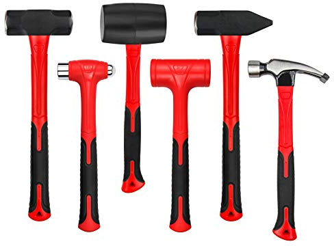 C&T 6-Piece Hammer Set, Fiberglass Handle & Mallet Set, Metal Working | Garage Home Kit | Mechanic Tools | Sledge Hammer | blacksmith Hammer | Ball Peen Hammers | Hand Tools