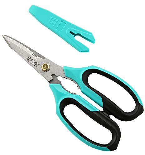 C.JET TOOL 8 Sharp Stainless Kitchen Scissors Meat Vegetables Herbs Food Cutting Shear Heavy Duty Cooking Scissors with Soft Grip Utility Multi-Purpose Carton Opening Tip Blade (Turquoise)