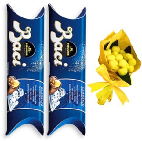 Idea Regalo Festa della Mamma 2025 - Baci Perugina Classico 2x37,5 + Mini Bouquet di Mimose Artificiali -Regalo Uomo|Donna