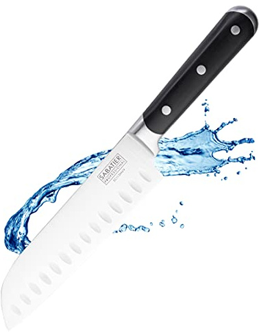 Sabatier Professional Oriental Santoku Kitchen Knife - 7in/17.5cm Full Tang Taper Ground Stainless Steel Blade, Matching Triple Rivet Handle. Sharp for Longer, Lifetime Performance 25yr Guarantee