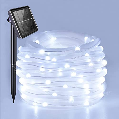 Ovker Manguera de Luces Exteriores Solar, 10m 100 LED Guirnaldas Exterior Solar, 8 Modos IP65 Impermeable Luces Cuerda Solares al Aire Libre Decoración para Jardin Navidad Dormitorio Casa(Blanco)