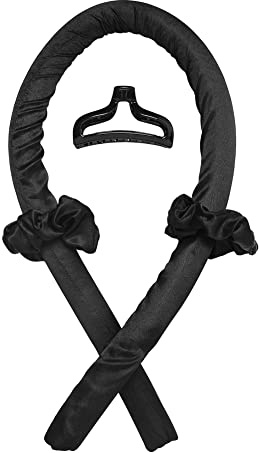 Heatless Curling Rod Headband No Heat Silk Ribbon Curling Rod Hair Roller Curls with Hair Claw Clip Lazy Natural Soft Wave DIY Hair Rollers Styling Tool for Sleep in Overnight (Black)