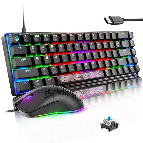 LexonElec 65% Kit Mouse E Tastiera Pc Meccanica Gaming Keyboard 12000 DPI Honeycomb Traspirante RGB LED USB Type C Con Filo Retroilluminata Blue Switch Staccabile QWERTY Per Gamer Windows Mac