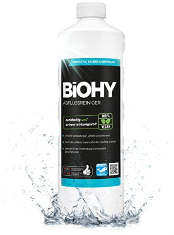 BiOHY Nettoyant drain (Bouteille de 1l) | enlève les poils sans effort | Concentré Bio | extra fort | Déboucheur pour cuisine et salle de bain | élimine les odeurs (abflussreiniger)